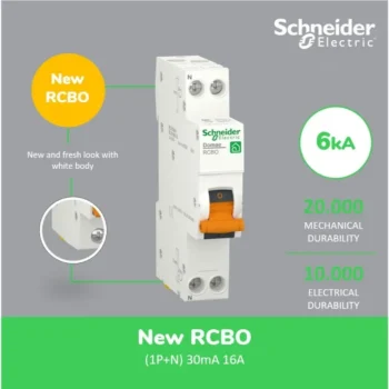Schneider RCBO, Domae, 1P + N, 16 A, C Curve, 30 mA, type AC, 6000A DOMD01616
